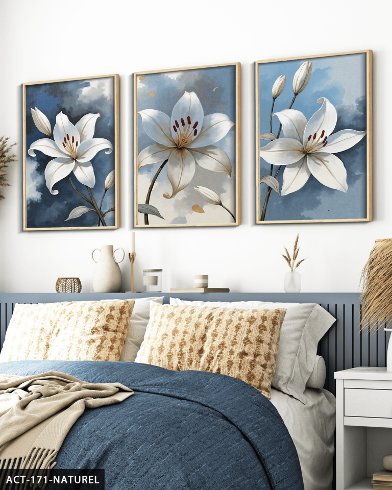 Beyaz Zambak 3 Parça Ahşap Çerçeveli Tablo ACT Naturel - 50 x 70 CM