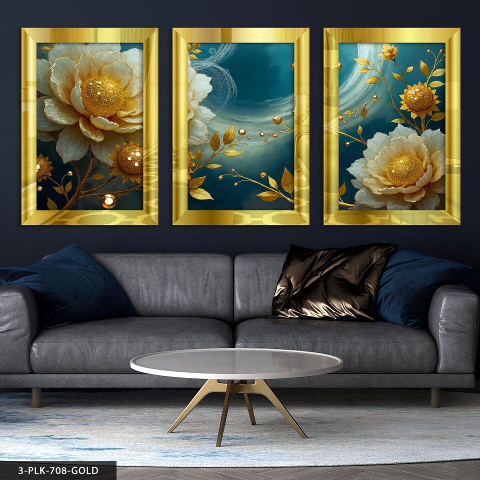 Gold Yapraklı Çiçek 3 Parça Pleksi Aynalı Tablo 40 x 60 CM - Gold