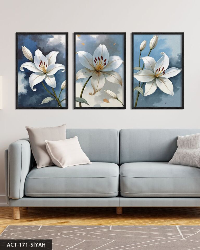Beyaz Zambak 3 Parça Ahşap Çerçeveli Tablo ACT Siyah - 30 x 40 CM