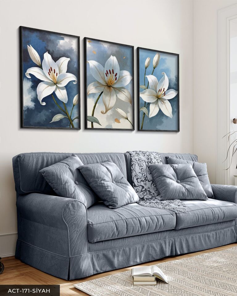 Beyaz Zambak 3 Parça Ahşap Çerçeveli Tablo ACT Siyah - 30 x 40 CM