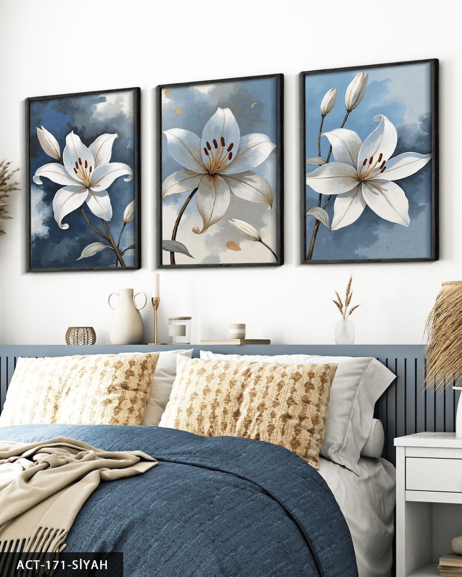 Beyaz Zambak 3 Parça Ahşap Çerçeveli Tablo ACT Siyah - 40 x 60 CM