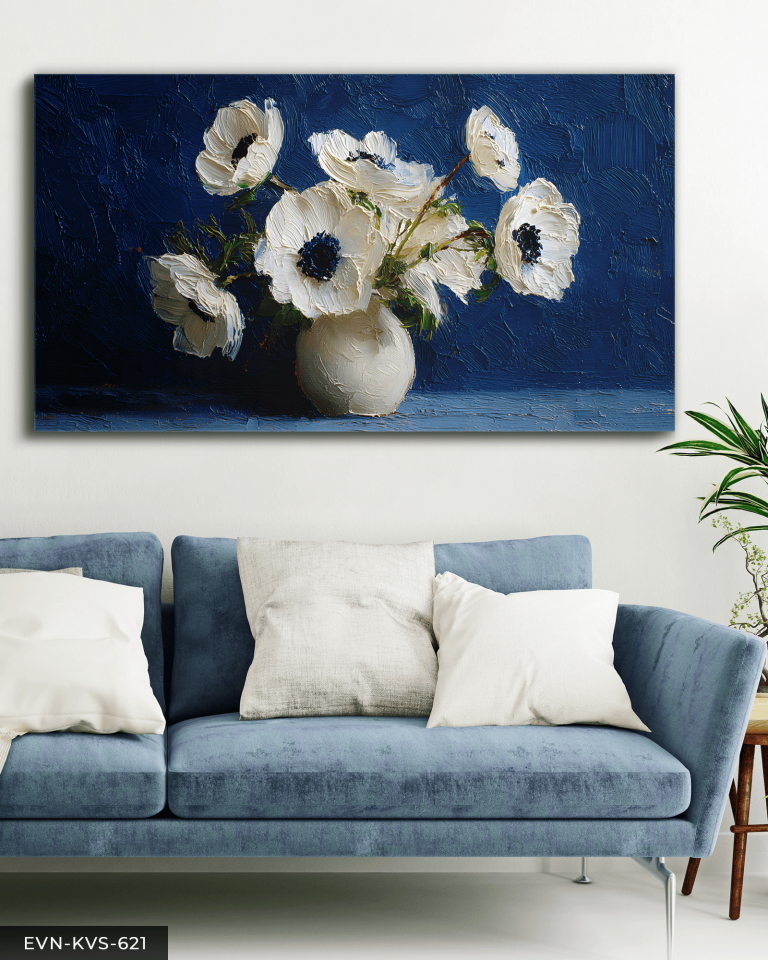 Yağlı Boya Görünümlü Beyaz Çiçek Tek Parça Kanvas - Canvas Tablo