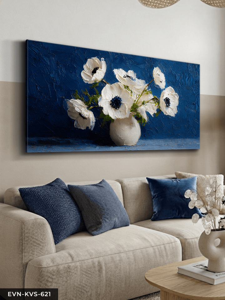 Yağlı Boya Görünümlü Beyaz Çiçek Tek Parça Kanvas - Canvas Tablo