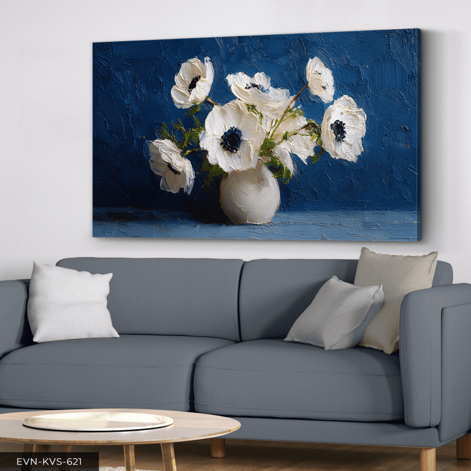 Yağlı Boya Görünümlü Beyaz Çiçek Tek Parça Kanvas - Canvas Tablo