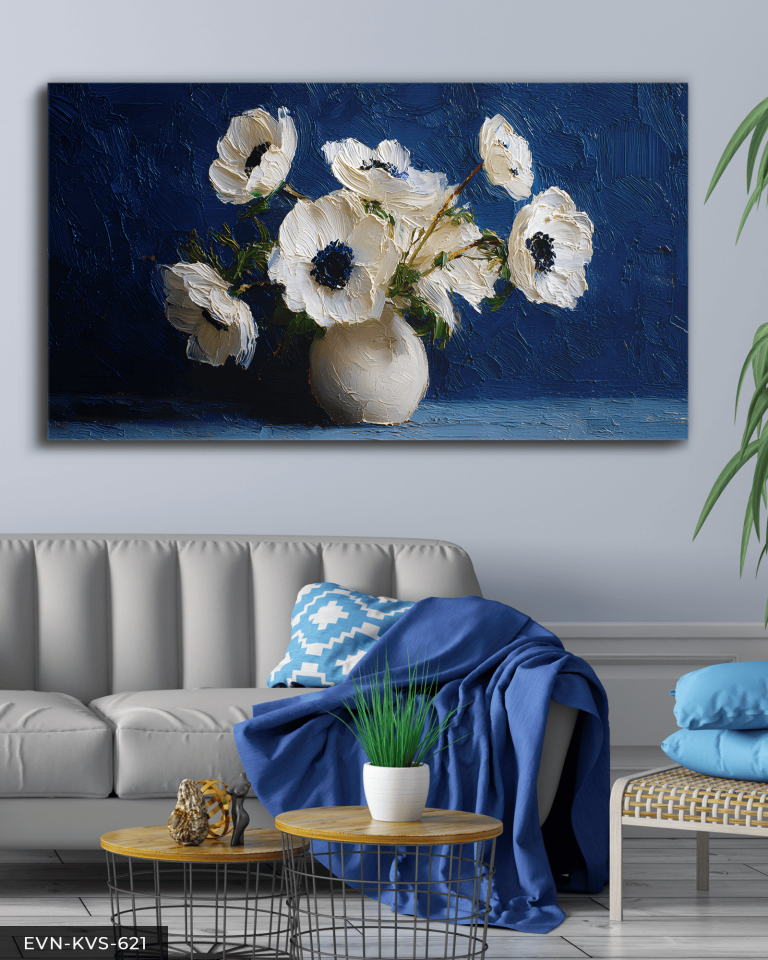 Yağlı Boya Görünümlü Beyaz Çiçek Tek Parça Kanvas - Canvas Tablo