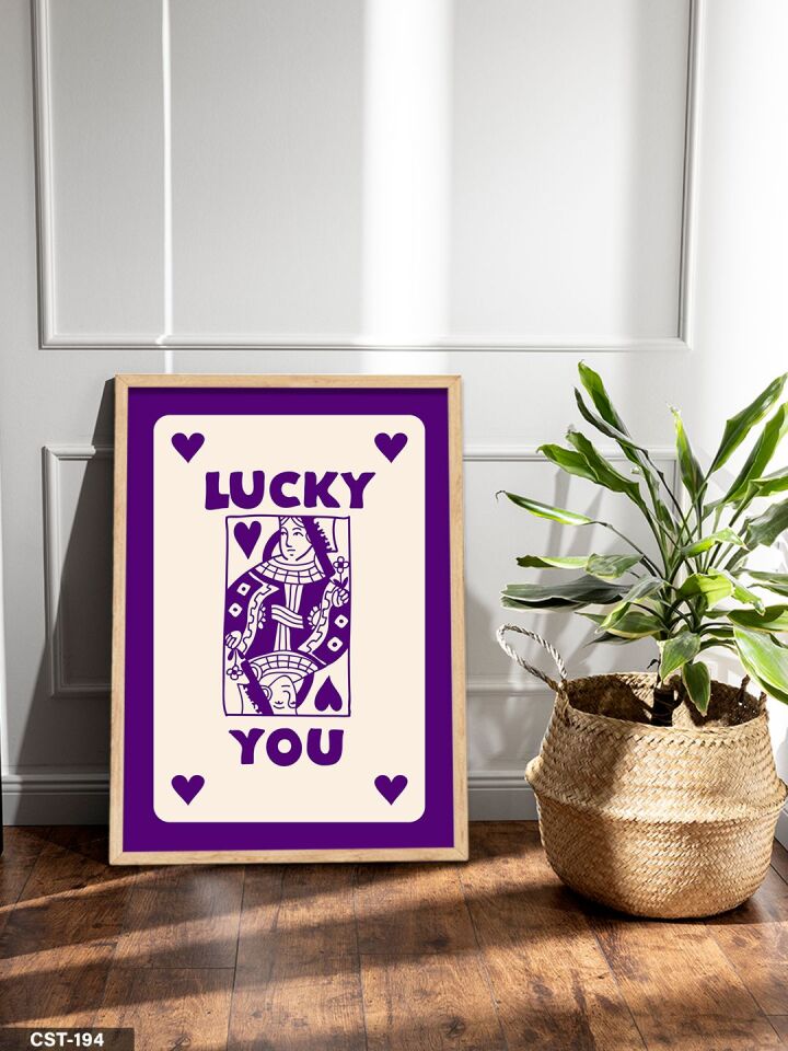 Mor ''LUCKY YOU'' kartı Tek Parça Ahşap Çerçeveli Tablo Naturel - 50 x 70 CM