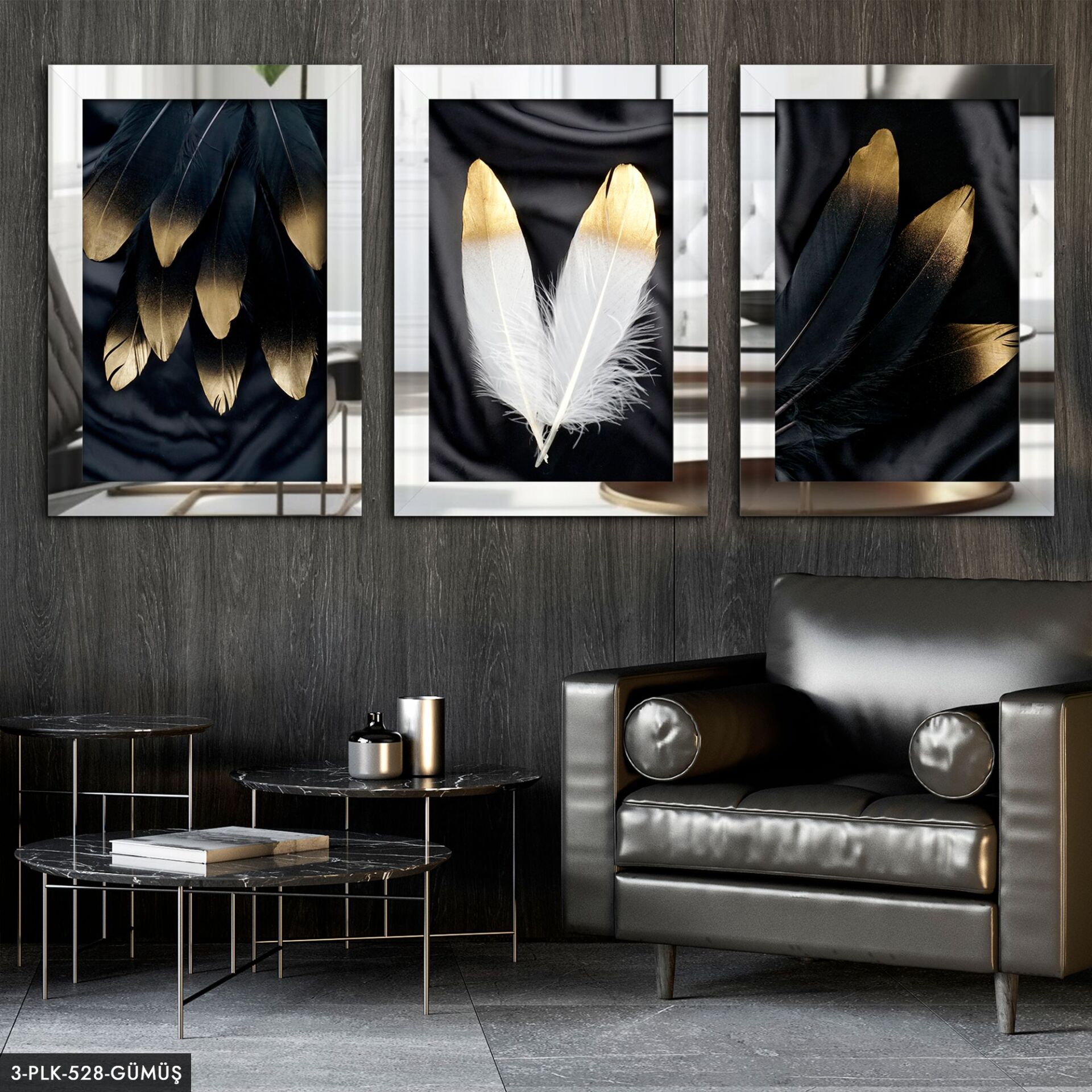 Tüy 3 Parça Pleksi Aynalı Tablo 40 x 60 CM - Gümüş