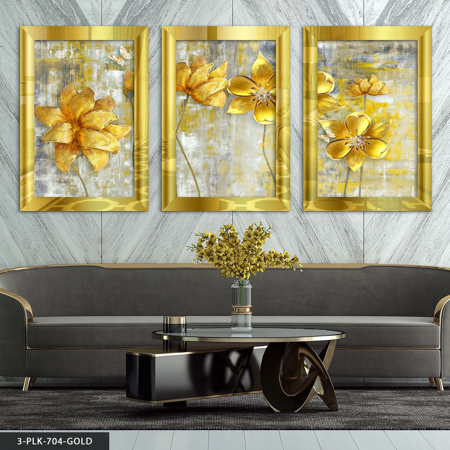 Gold Çiçek ve Kelebek 3 Parça Pleksi Aynalı Tablo 50 x 70 CM - Gold