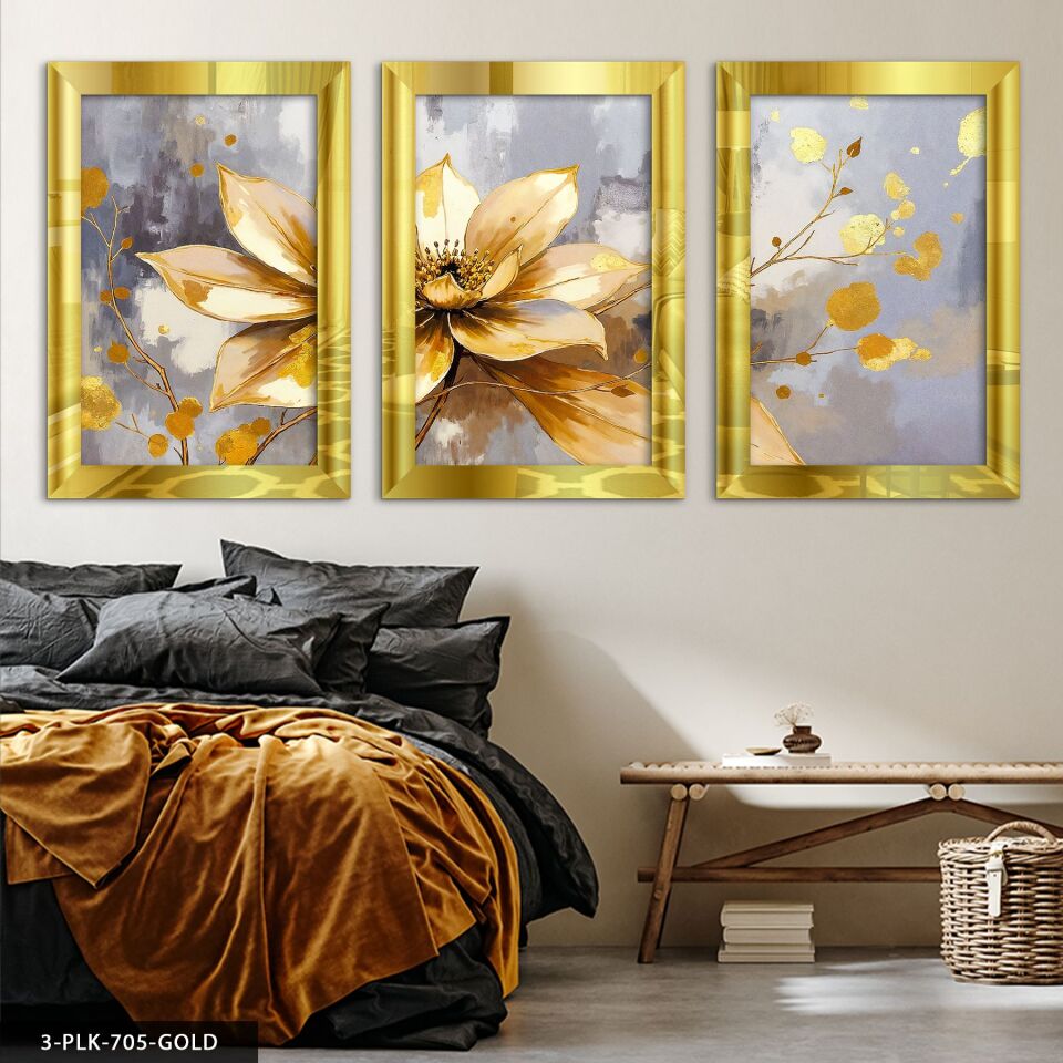 Yağlı Boya Görünümlü Gold Çiçek 3 Parça Pleksi Aynalı Tablo 50 x 70 CM - Gold