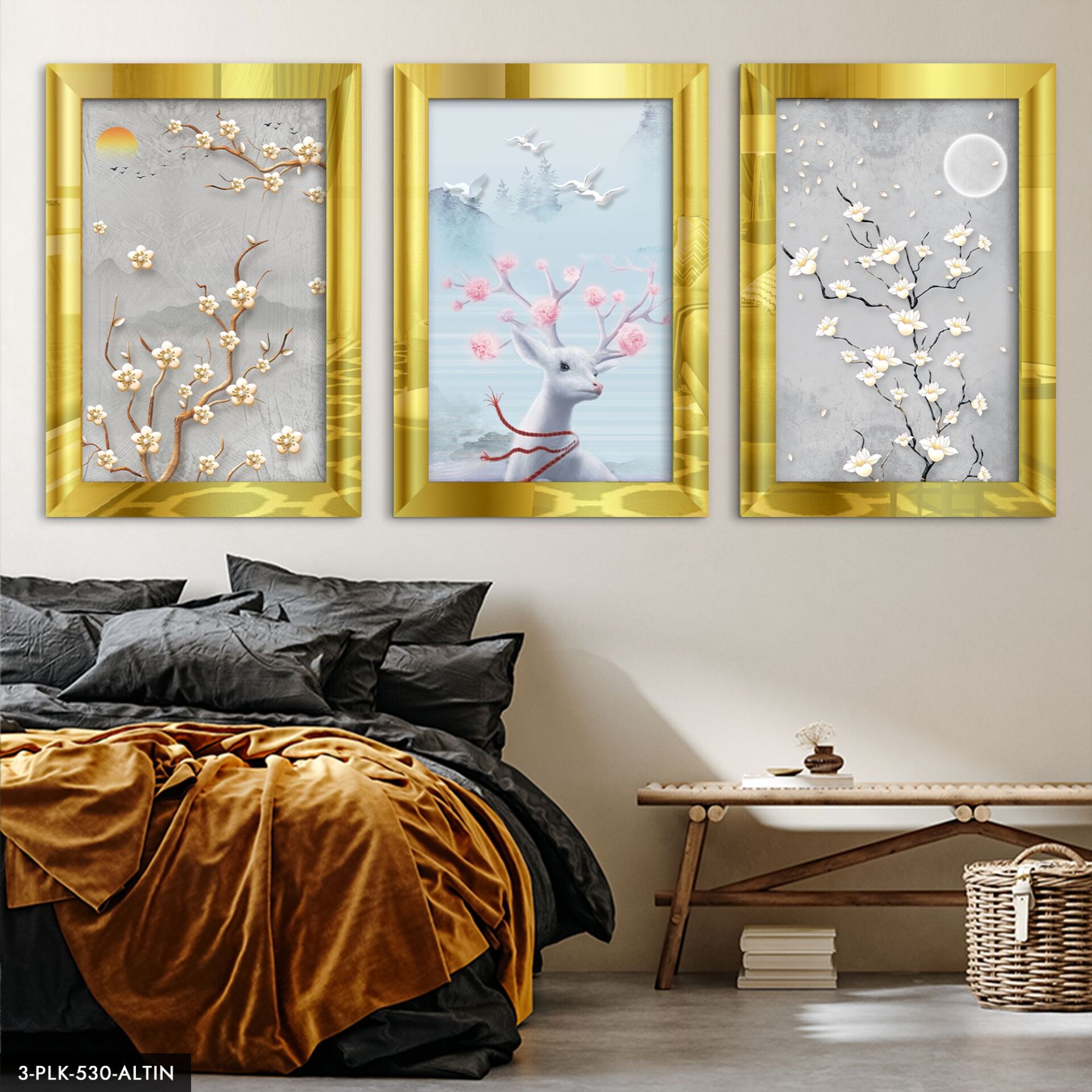 Geyik Çiçek 3 Parça Pleksi Aynalı Tablo 40 x 60 CM - Gold