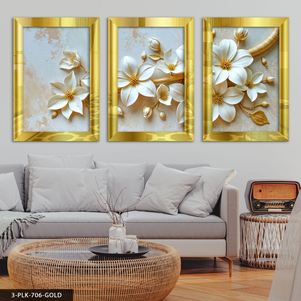 Beyaz Zambak 3 Parça Pleksi Aynalı Tablo 50 x 70 CM - Gold