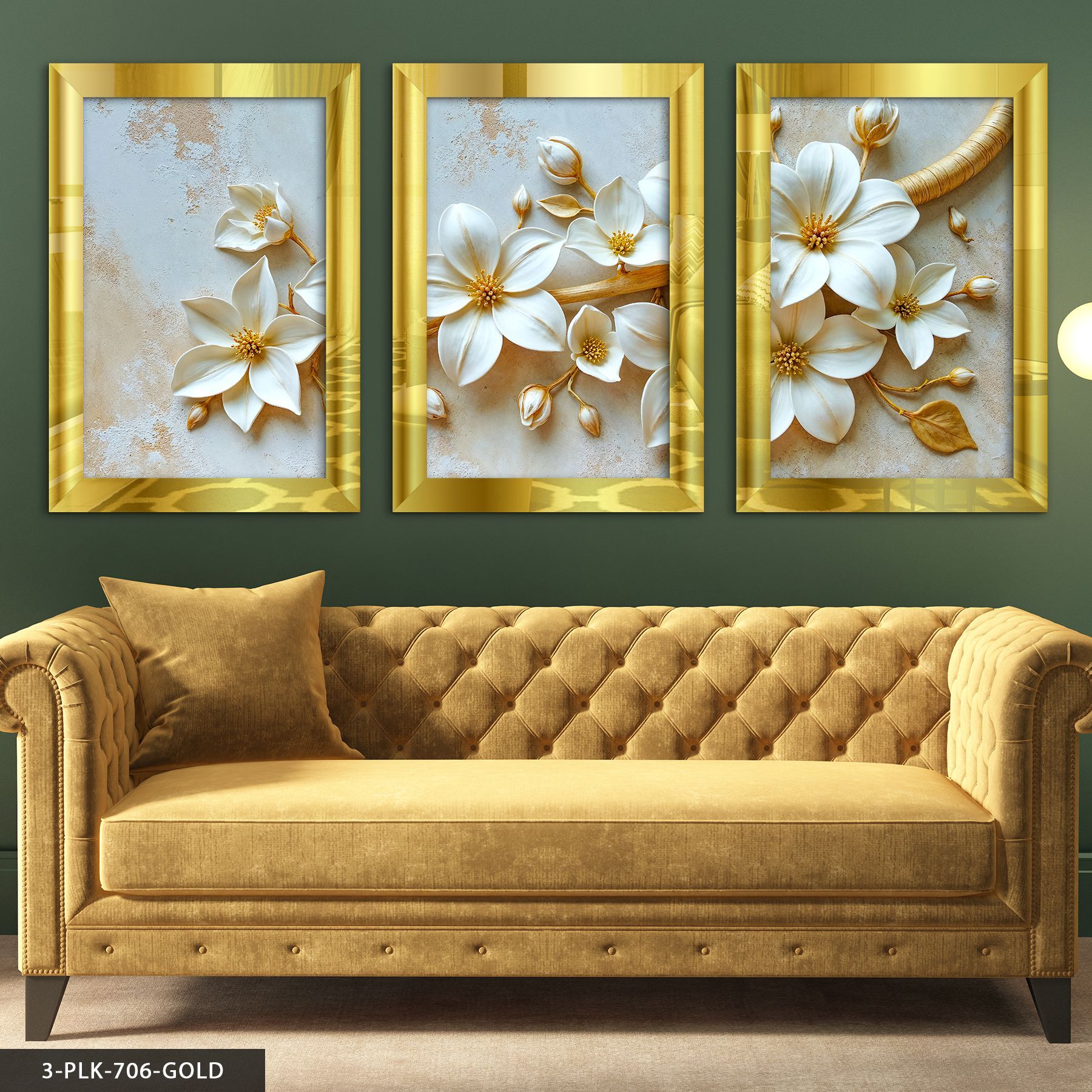 Beyaz Zambak 3 Parça Pleksi Aynalı Tablo 50 x 70 CM - Gold