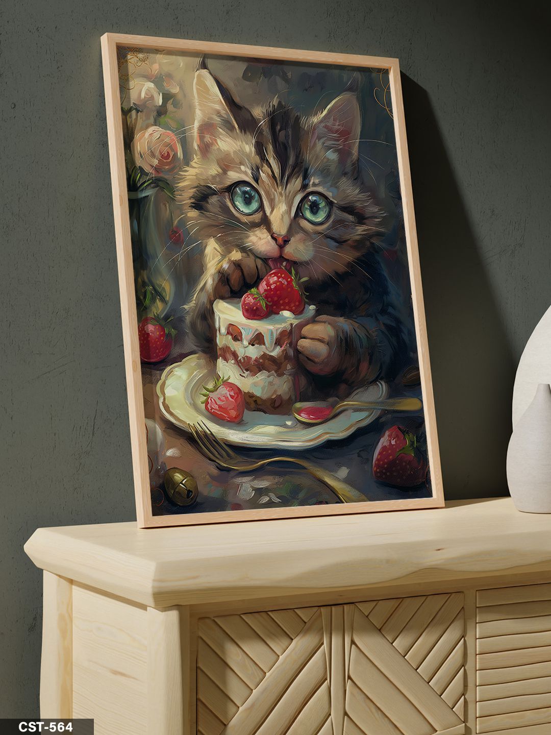 Pasta Yiyen Kedi Tek Parça Ahşap Çerçeveli Tablo