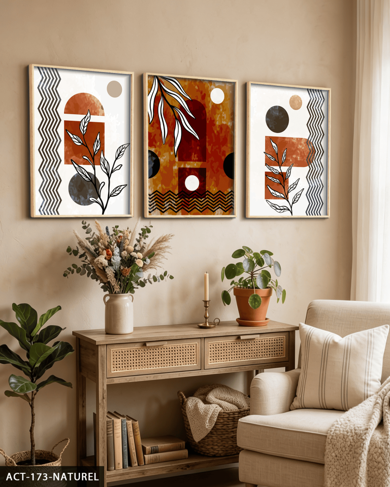 Sulu Boya Görünümlü Soyut Sanat 3 Parça Ahşap Çerçeveli Tablo ACT Naturel - 20 x 30 CM