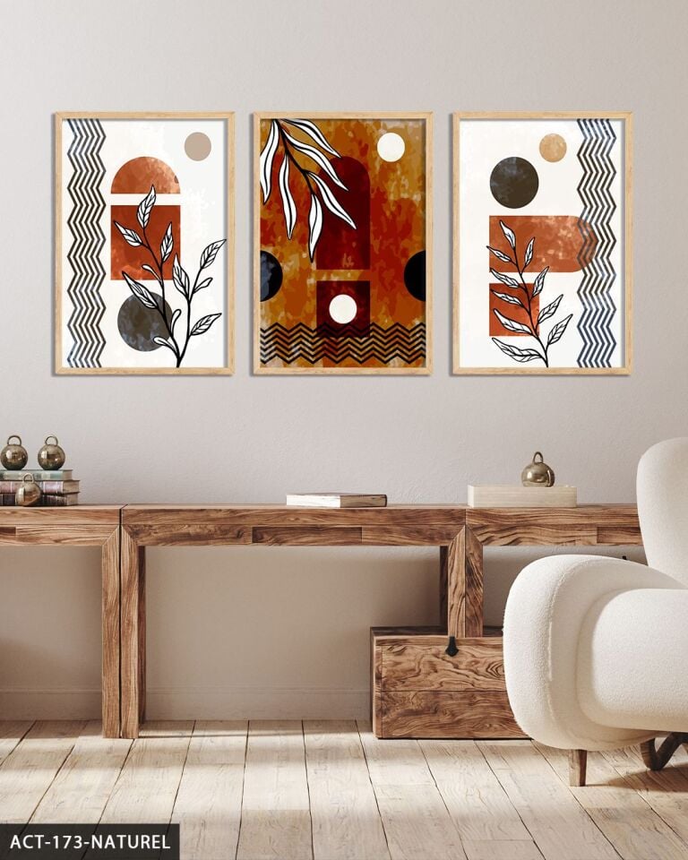 Sulu Boya Görünümlü Soyut Sanat 3 Parça Ahşap Çerçeveli Tablo ACT Naturel - 20 x 30 CM