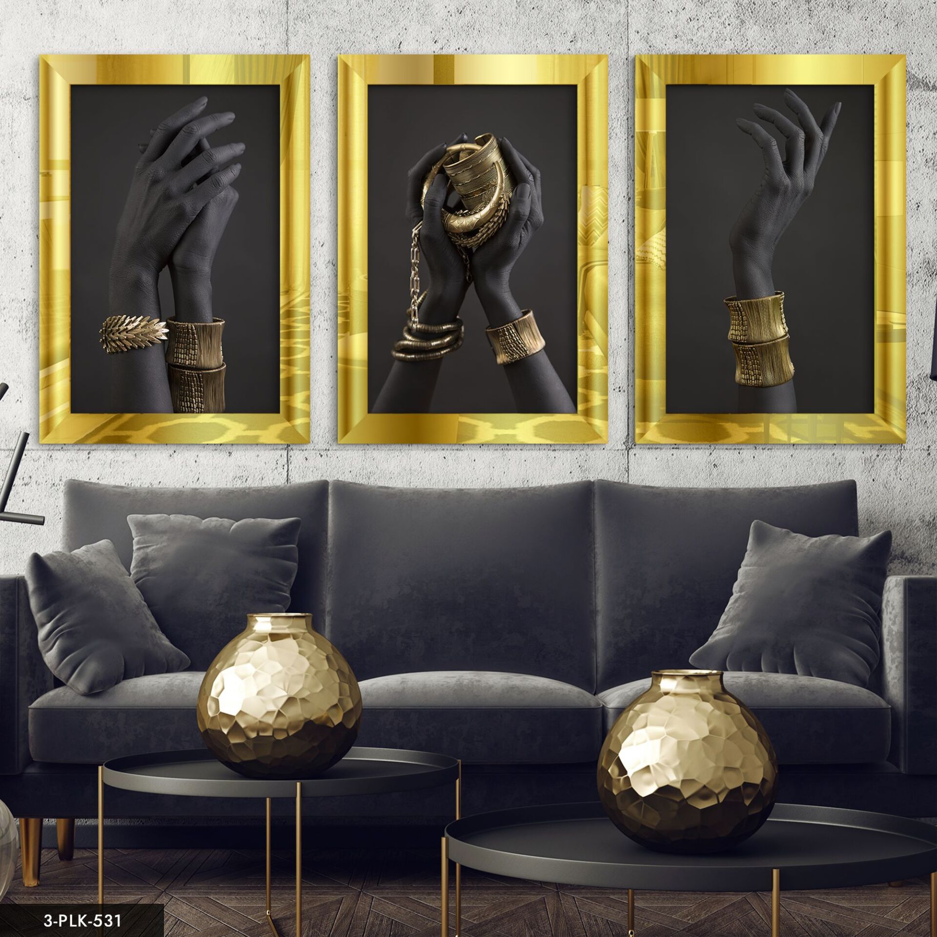 Sanatsal Bileklik 3 Parça Pleksi Aynalı Tablo 40 x 60 CM - Gold