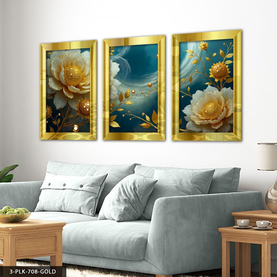 Gold Yapraklı Çiçek 3 Parça Pleksi Aynalı Tablo 50 x 70 CM - Gold