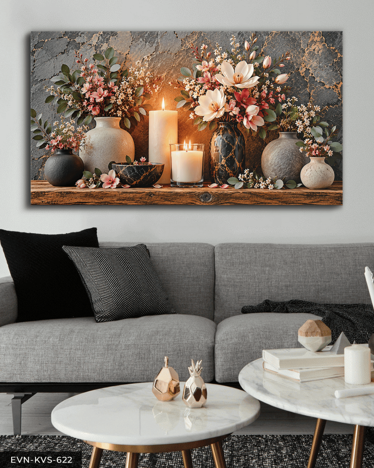 Vazoda Pembe Çiçekler ve Mum Tek Parça Kanvas - Canvas Tablo