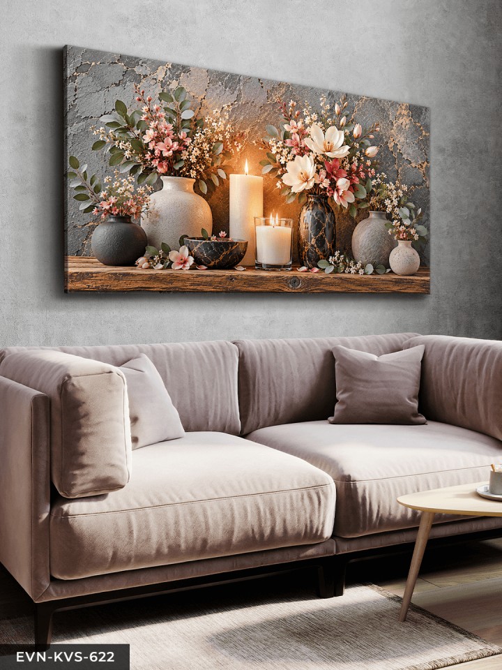Vazoda Pembe Çiçekler ve Mum Tek Parça Kanvas - Canvas Tablo