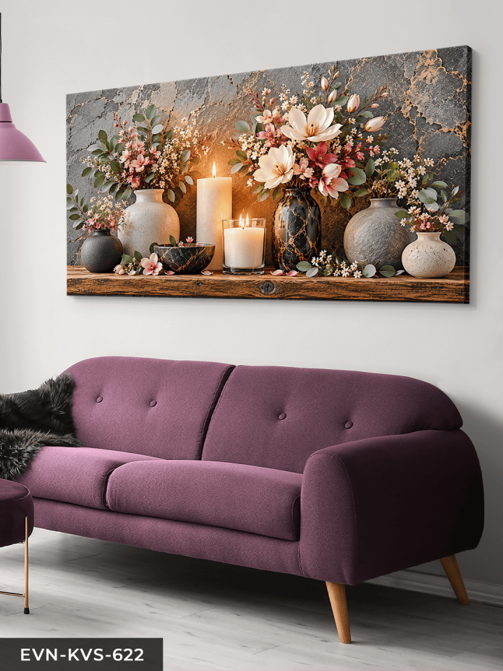 Vazoda Pembe Çiçekler ve Mum Tek Parça Kanvas - Canvas Tablo