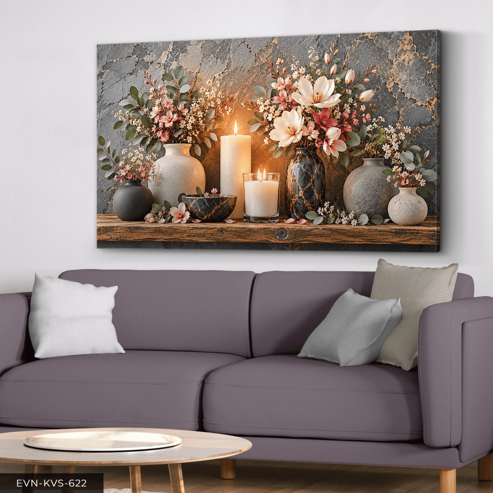 Vazoda Pembe Çiçekler ve Mum Tek Parça Kanvas - Canvas Tablo
