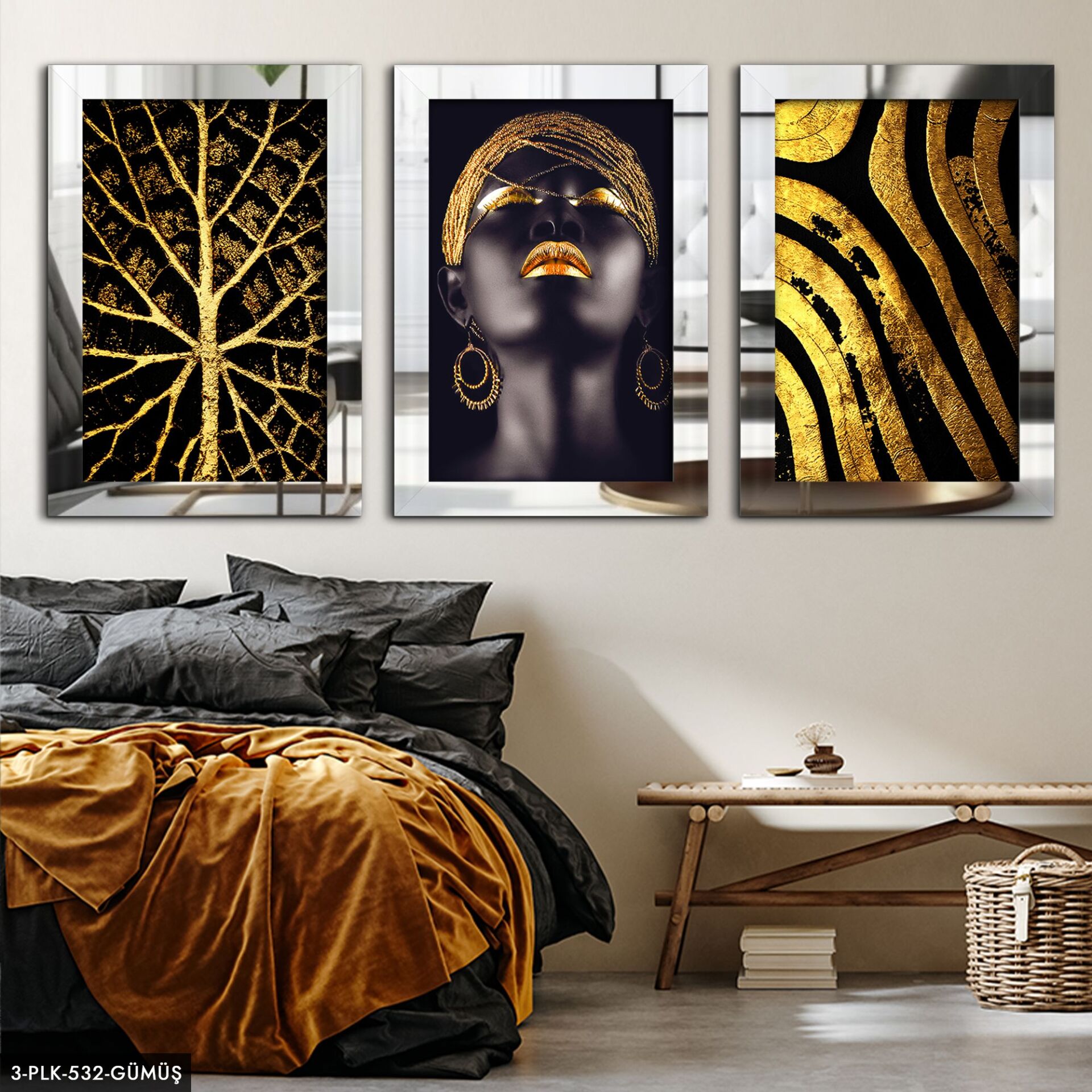 Afrikalı Kadınlar 3 Parça Pleksi Aynalı Tablo 40 x 60 CM - Gümüş