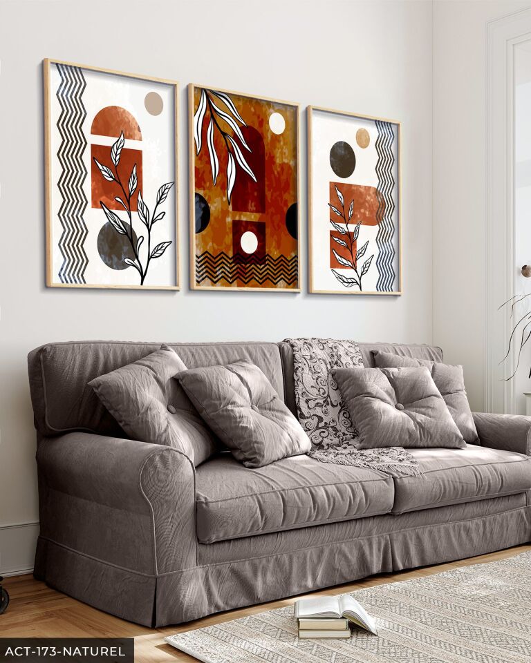 Sulu Boya Görünümlü Soyut Sanat 3 Parça Ahşap Çerçeveli Tablo ACT Naturel - 40 x 60 CM
