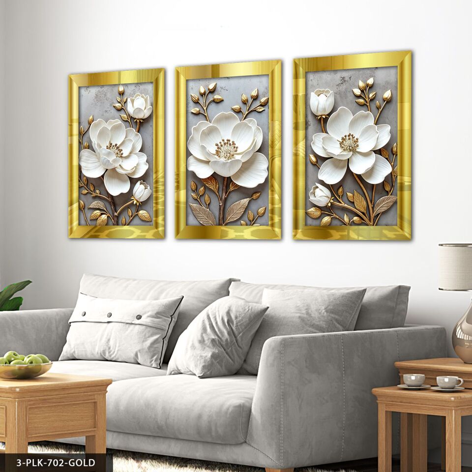 Gold Yapraklı Beyaz Çiçek 3 Parça Pleksi Aynalı Tablo 60 x 80 CM - Gold