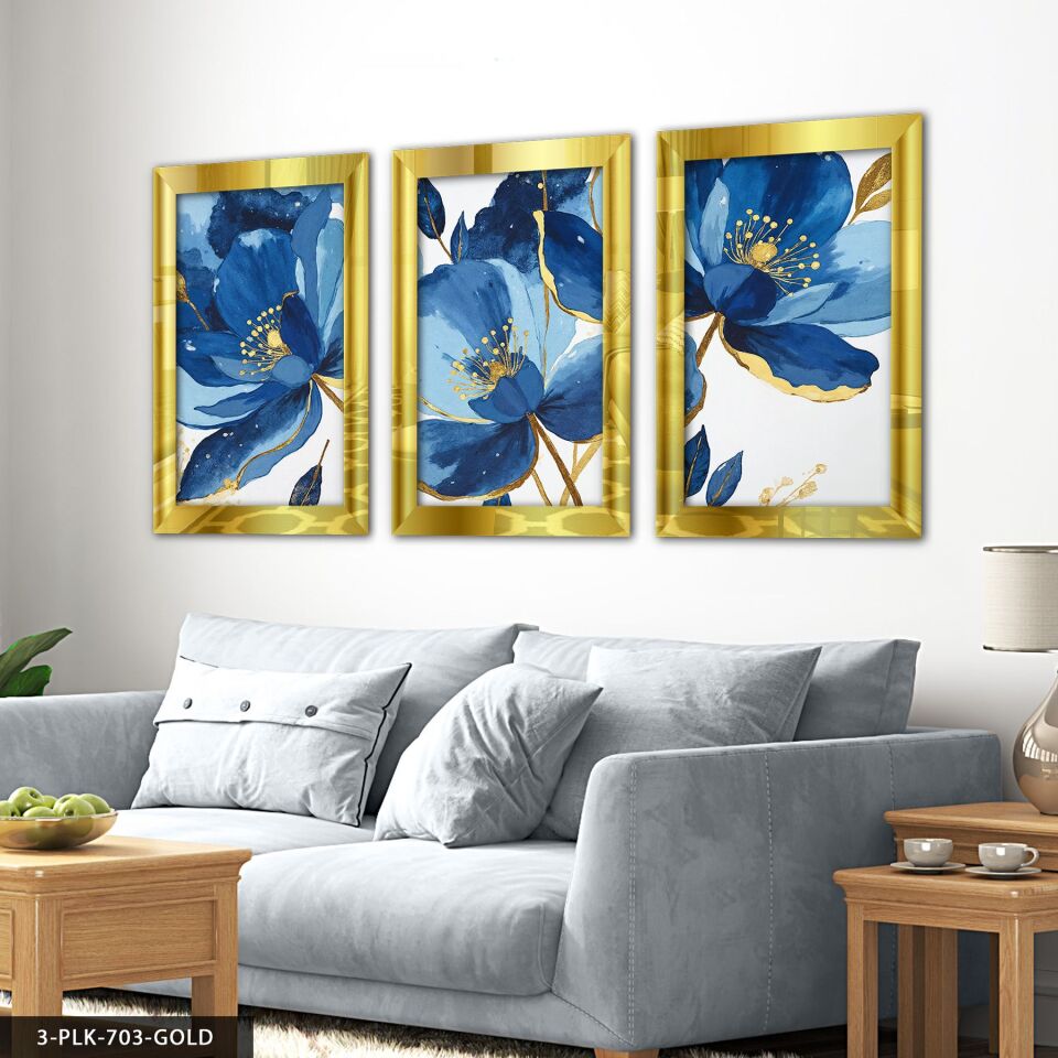 Gold Detaylı Mavi Çiçek 3 Parça Pleksi Aynalı Tablo 60 x 80 CM - Gold