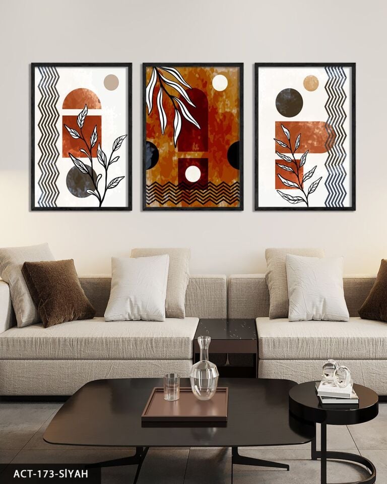 Sulu Boya Görünümlü Soyut Sanat 3 Parça Ahşap Çerçeveli Tablo ACT Siyah - 20 x 30 CM