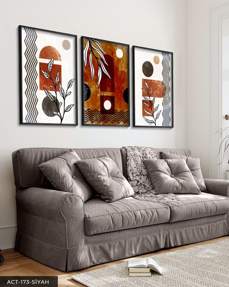 Sulu Boya Görünümlü Soyut Sanat 3 Parça Ahşap Çerçeveli Tablo ACT Siyah - 20 x 30 CM