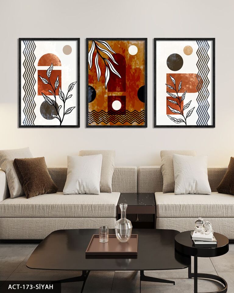 Sulu Boya Görünümlü Soyut Sanat 3 Parça Ahşap Çerçeveli Tablo ACT Siyah - 30 x 40 CM