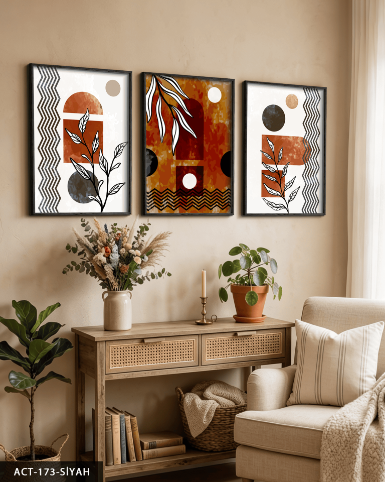 Sulu Boya Görünümlü Soyut Sanat 3 Parça Ahşap Çerçeveli Tablo ACT Siyah - 30 x 40 CM