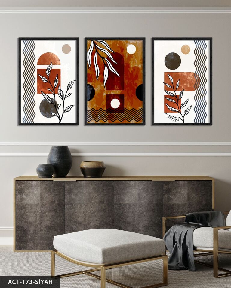 Sulu Boya Görünümlü Soyut Sanat 3 Parça Ahşap Çerçeveli Tablo ACT Siyah - 30 x 40 CM