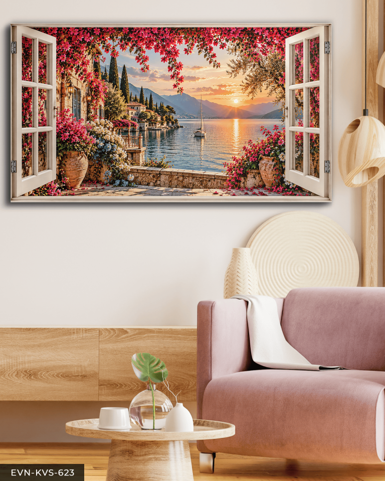Denize Açılan Pembe Çiçekli Pencere Tek Parça Kanvas - Canvas Tablo