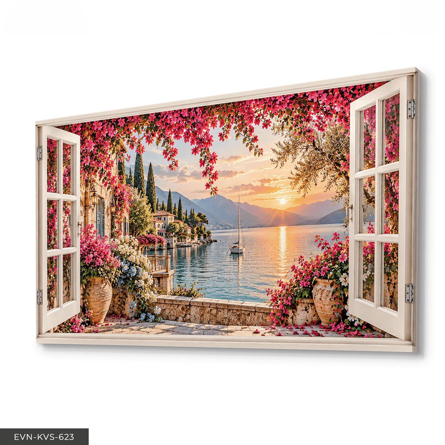 Denize Açılan Pembe Çiçekli Pencere Tek Parça Kanvas - Canvas Tablo