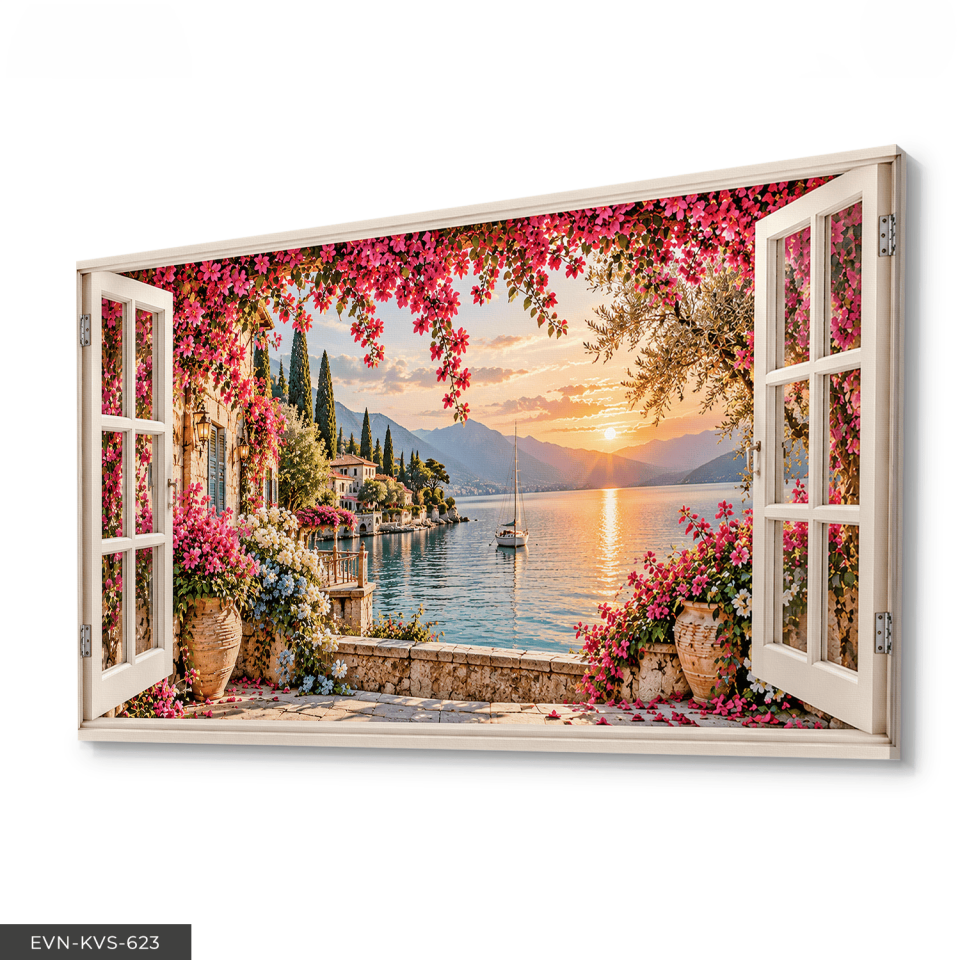 Denize Açılan Pembe Çiçekli Pencere Tek Parça Kanvas - Canvas Tablo