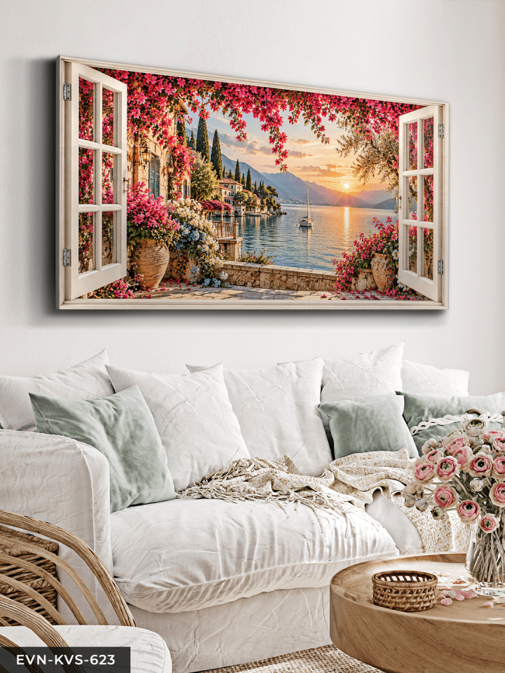 Denize Açılan Pembe Çiçekli Pencere Tek Parça Kanvas - Canvas Tablo