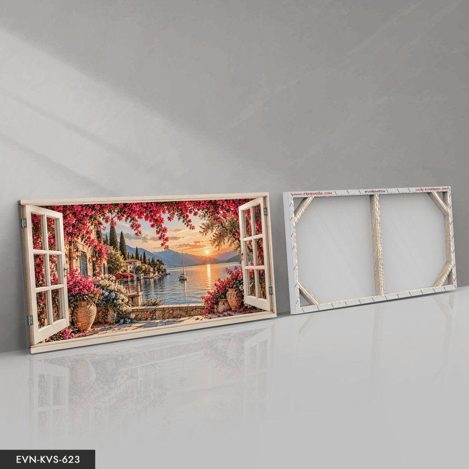 Denize Açılan Pembe Çiçekli Pencere Tek Parça Kanvas - Canvas Tablo