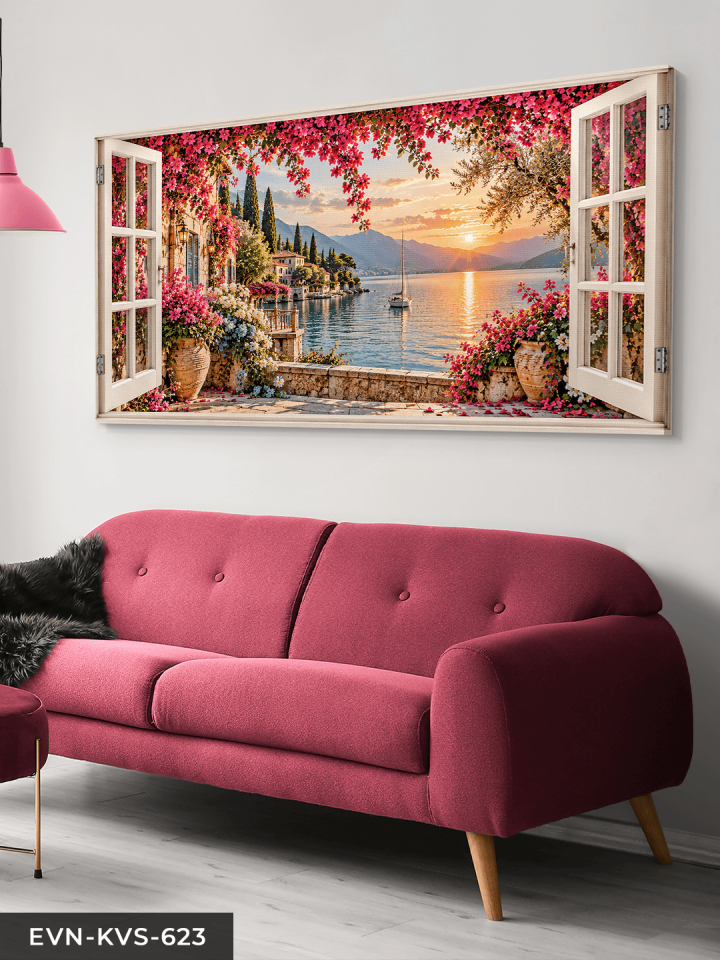 Denize Açılan Pembe Çiçekli Pencere Tek Parça Kanvas - Canvas Tablo