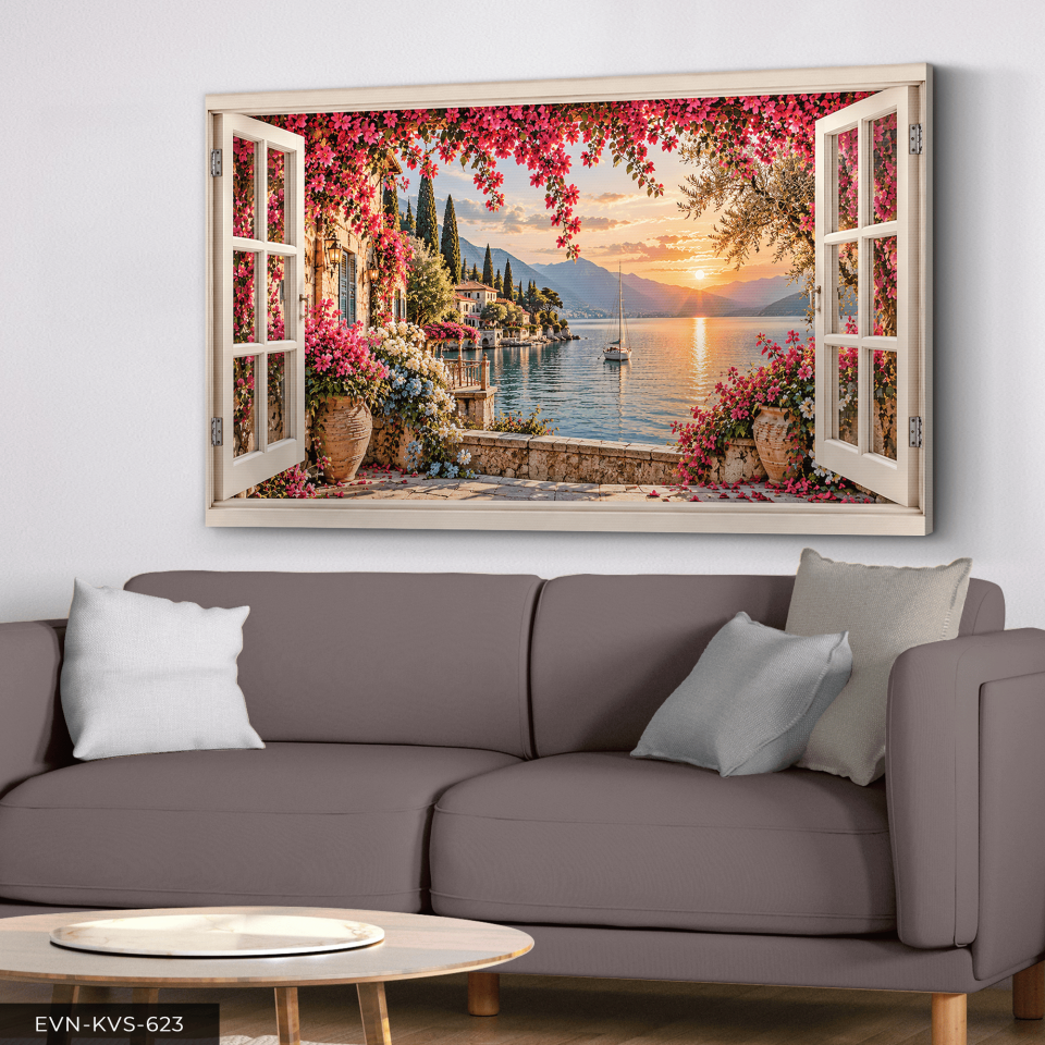 Denize Açılan Pembe Çiçekli Pencere Tek Parça Kanvas - Canvas Tablo