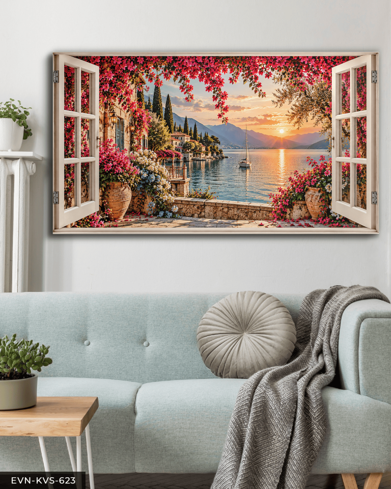 Denize Açılan Pembe Çiçekli Pencere Tek Parça Kanvas - Canvas Tablo