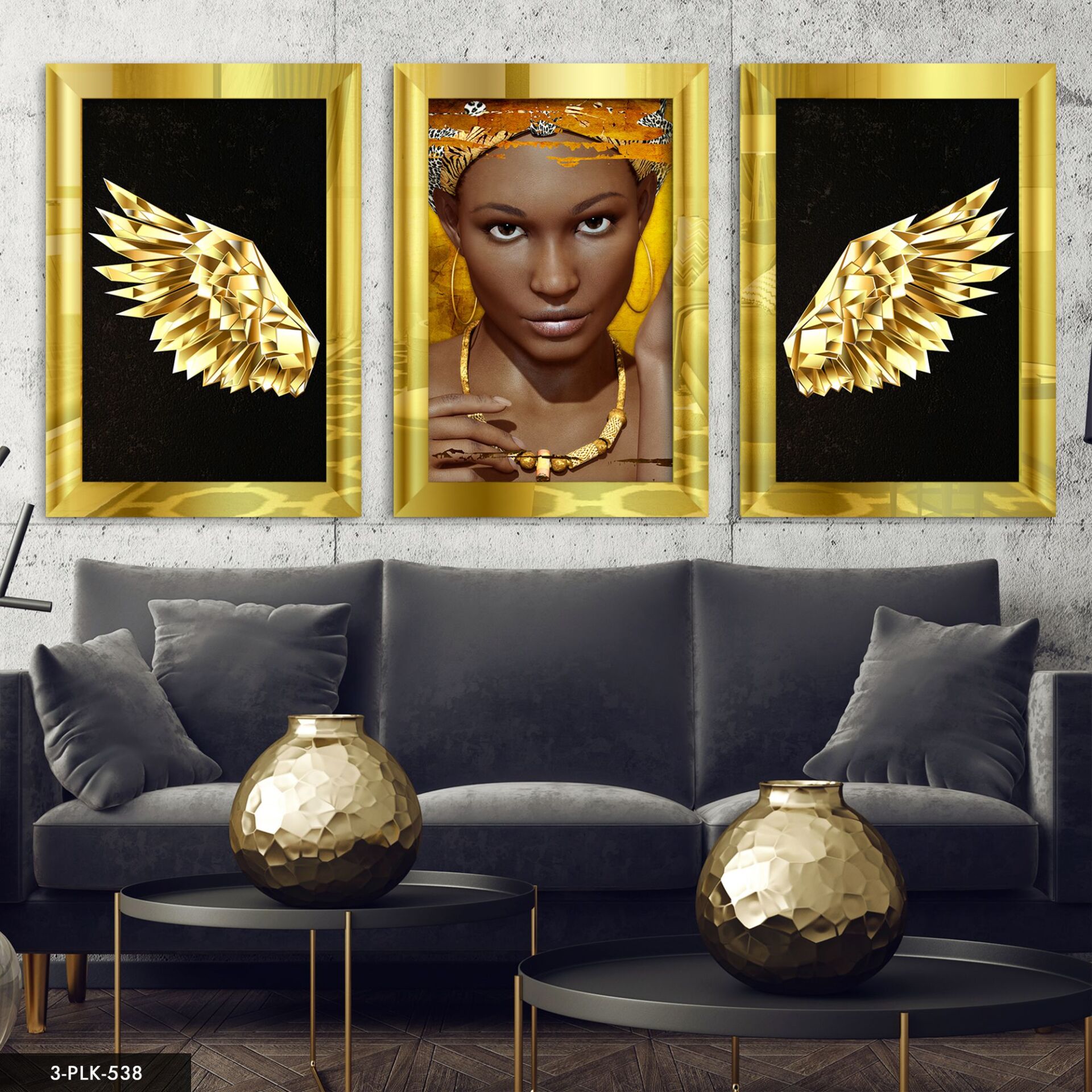 Melek Kanadı Afrikalı Kadın 3 Parça Pleksi Aynalı Tablo 40 x 60 CM - Gold