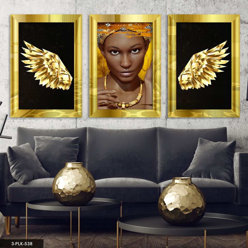 Melek Kanadı Afrikalı Kadın 3 Parça Pleksi Aynalı Tablo 40 x 60 CM - Gold