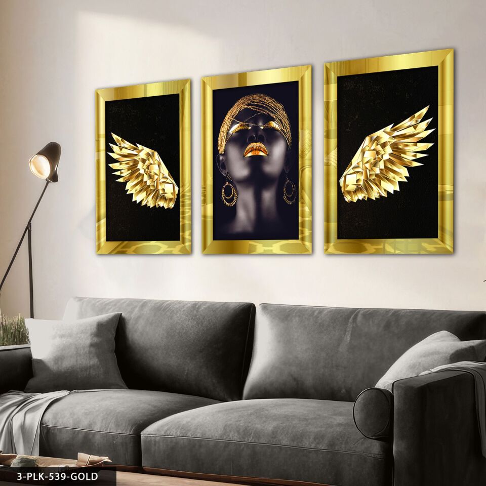 Melek Kanadı Afrikalı Kadın 3 Parça Pleksi Aynalı Tablo 40 x 60 CM - Gold