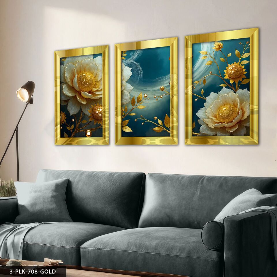 Gold Yapraklı Çiçek 3 Parça Pleksi Aynalı Tablo 60 x 80 CM - Gold