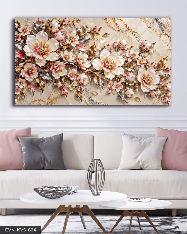 Gold Gümüş Yapraklı İncili Çiçek Tek Parça Kanvas - Canvas Tablo