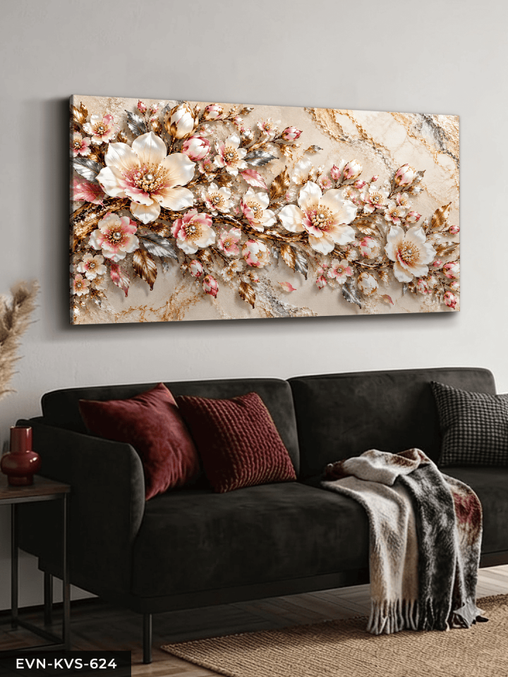 Gold Gümüş Yapraklı İncili Çiçek Tek Parça Kanvas - Canvas Tablo