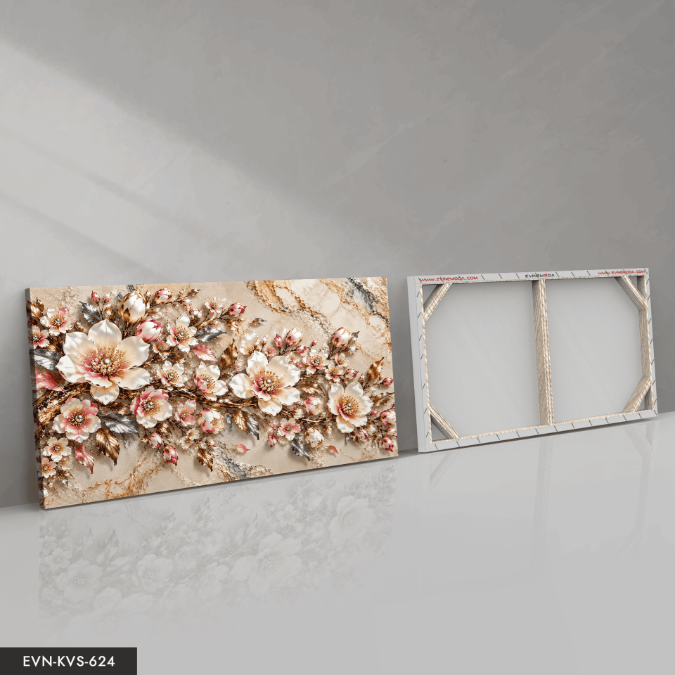 Gold Gümüş Yapraklı İncili Çiçek Tek Parça Kanvas - Canvas Tablo