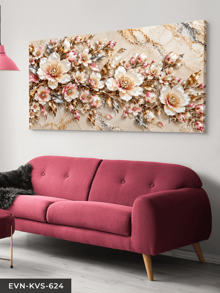 Gold Gümüş Yapraklı İncili Çiçek Tek Parça Kanvas - Canvas Tablo